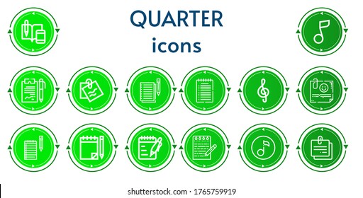 Editable 14 quarter icons for web and mobile. Set of quarter included icons line Notes, Musical note, Note, Quaver