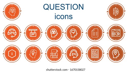 Editable 14 iconos de preguntas para web y móvil. Conjunto de preguntas incluidas iconos línea Mind, Send data, Support, Information, Test, Imagination, Homework, Clipboard