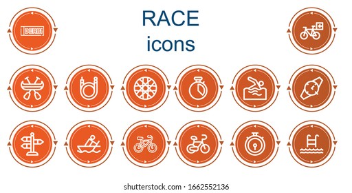 Editable 14 race icons for web and mobile. Set of race included icons line Derbi, Bicycle, Canoe, Spoke wheel, Chronometer, Swimming, Watch, Street, Rowing, Swim