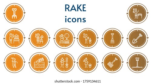 Bearbeitbar 14 Rake Icons für Web und Mobile. Rake-Set inklusive Ikonen Linie Rake, Gardener, Garten, Pitchfork, Spade, Gartenbau, Funnel-Ball
