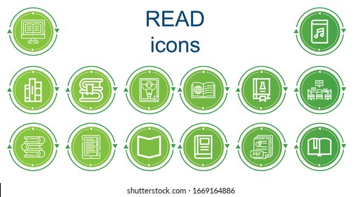 Editable 14 read icons for web and mobile. Set of read included icons line Ebook, Audiobook, Books, Book, Magazine, Science book, Library, Pdf