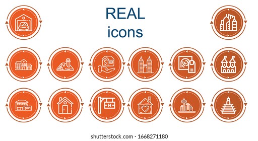 Editable 14 real icons for web and mobile. Set of real included icons line Garage, Urban, House, Mortgage, Building, Fingerprint, Fortress, Home, Hotel signal, Architecture