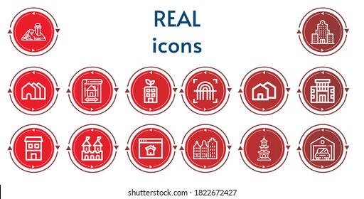 Editable 14 real icons for web and mobile. Set of real included icons line House, Skyscraper, Houses, Blueprint, Building, Fingerprint, Duplex, Fortress, Homepage, Buildings