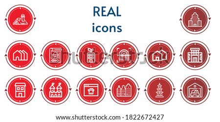 Editable 14 real icons for web and mobile. Set of real included icons line House, Skyscraper, Houses, Blueprint, Building, Fingerprint, Duplex, Fortress, Homepage, Buildings