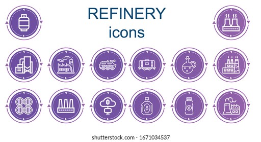 Editable 14 Refinery Icons For Web And Mobile. Set Of Refinery Included Icons Line Gas, Factory, Reservoir, Tank, Oil, Barrels, Mining, Nuclear Plant