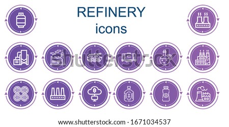 Editable 14 refinery icons for web and mobile. Set of refinery included icons line Gas, Factory, Reservoir, Tank, Oil, Barrels, Mining, Nuclear plant