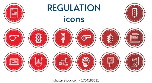 Editable 14 iconos de regulación para web y móvil. El conjunto de regulaciones incluía iconos línea GDPR, semáforo, Silbato, Sin estacionamiento, Estándar, Medidor de estacionamiento, Signo de estacionamiento