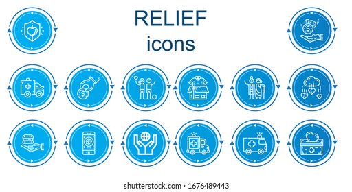 Editable 14 relief icons for web and mobile. Set of relief included icons line Charity, Donation, Ambulance, Donate, Clothes donation, Food donation