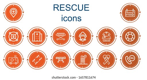 Editable 14 rescue icons for web and mobile. Set of rescue included icons line Hospital, Emergency sign, Lifesaver, Stretcher, Firefighter, Clothes donation, Ambulance, Charity