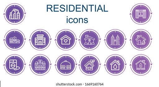 Editable 14 residential icons for web and mobile. Set of residential included icons line Urban, Windows, House, Building, Home, Washing machine, Houses, Eco house