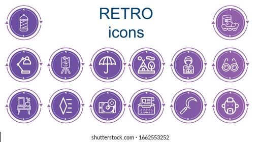 Editable 14 retro icons for web and mobile. Set of retro included icons line Barbershop, Roller skate, Desk lamp, Wedding sign, Wet protect, Tipi, Hippie, Glasses, Night stand