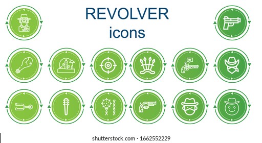 Editable 14 iconos de revólver para web y móvil. Juego de revólveres incluido íconos línea Cowboy, Gun, Arma, Wild West, Shooter, Armas, Pistol, Spur, Revolver