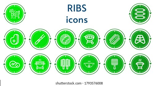Bearbeitbar 14 Rippen Icons für Web und Mobile. Rippensatz inklusive Ikonen Linie Grill, Rippen, Fleisch