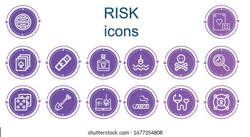 Editable 14 risk icons for web and mobile. Set of risk included icons line Terra, Dice, Poker, Belt, Poison, Buoy, Skull, Disaster, Spade, Spyware, Cigar, Medical insurance, Lifesaver