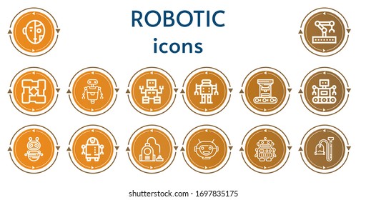 Editable 14 robotic icons for web and mobile. Set of robotic included icons line Robot, Robotic arm, Arms, Robot arm, Vacuum, Robot mask