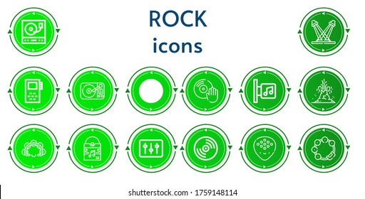 Editable 14 rock icons for web and mobile. Set of rock included icons line Turntable, Concert, Record, Guitar, Vinyl, Music store, Volcano, Tambourine, DJ, Plectrum