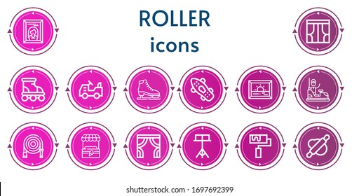 Editable 14 roller icons for web and mobile. Set of roller included icons line Painting, Curtains, Roller, Mower, Ice skate, Skateboard, Bumper car, Water hose, Stand, Rolling pin