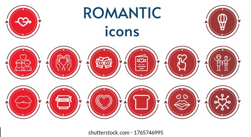 Editable 14 romantic icons for web and mobile. Set of romantic included icons line Cupid, Hot air balloon, Couple, Love, Toast, Wedding invitation, Heart, Lips, Jar, Kiss