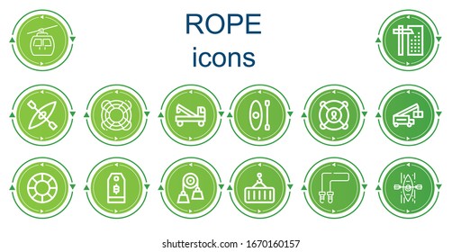 Editable 14 rope icons for web and mobile. Set of rope included icons line Cableway, Crane, Kayak, Lifesaver, Price tag, Pulley, Jumping rope