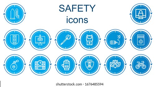 Editable 14 safety icons for web and mobile. Set of safety included icons line Condom, Padlock, Shield, Hacker, Match, Stun gun, Dynamite, Matches, Dinamite, Glove, Virus, Eye mask