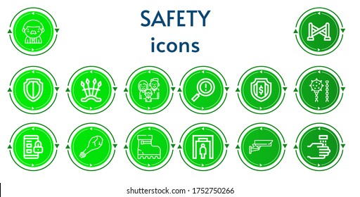 Editable 14 iconos de seguridad para web y móvil. El conjunto de seguridad incluye iconos línea Trabajador, línea de policía, Escudo, armas, familia, advertencia, arma, reloj, botas, detector de metales, Cctv