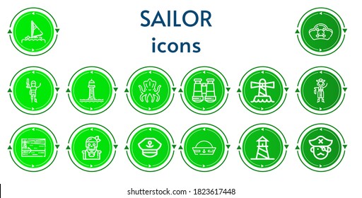 Editable 14 sailor icons for web and mobile. Set of sailor included icons line Sail, Pirates, Pirate, Lighthouse, Kraken, Binoculars, Captain, Sailor hat