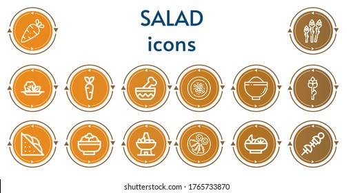 Editable 14 salad icons for web and mobile. Set of salad included icons line Vegetables, Asparagus, Salad, Carrot, Bowl, Oyster omelette, Sandwich, Quesadilla