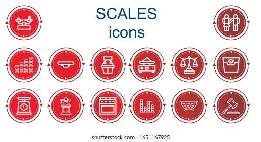 Editable 14 scales icons for web and mobile. Set of scales included icons line Scale, Equality, Equalizer, Balance, Witness, Judge, Oven, Grate, Law