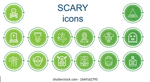 Editable 14 scary icons for web and mobile. Set of scary included icons line Skull, Witch hat, Tombstone, Voodoo, Zombie, Ghost, Haunted house, Serial killer, Monster, Fangs