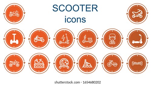 Editable 14 scooter icons for web and mobile. Set of scooter included icons line Motorcycle, Motorbike, Segway, Scooter, Courier, Kick Jet ski, Vehicle, Hoverboard