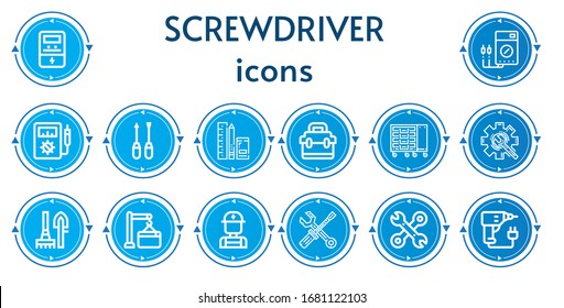 Editable 14 screwdriver icons for web and mobile. Set of screwdriver included icons line Voltmeter, Screwdriver, Tools, Toolbox, Tool box, Maintenance, Electrician, Drill