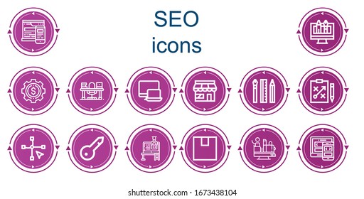 Iconos editables de 14 seo para web y móvil. Conjunto de iconos incluidos línea de diseño Web, Desarrollo, Estudio, Responsabilidad, Mercado, Estrategia, Vector, Palabra clave, Embalaje, Atracción