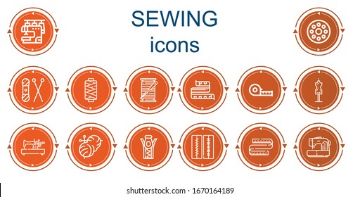 Editable 14 sewing icons for web and mobile. Set of sewing included icons line Sewing machine, Bobbin, Knit, Thread, Thread spool, Measuring tape, Mannequin, Knitting, Zipper