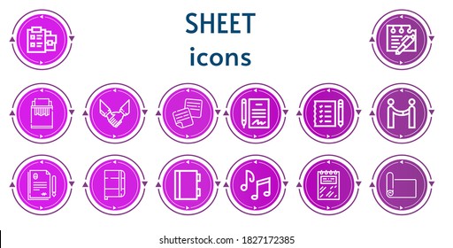 Editable 14 sheet icons for web and mobile. Set of sheet included icons line Notepad, Note, Paper shredder, Agreement, Notes, Contract, Shopping list, Notebook, Music notes, Mat