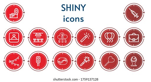 Editable 14 shiny icons for web and mobile. Set of shiny included icons line Tin, Blood, Ring, Light, Cloud, Magic wand, Balloons, Case, Traffic light, Coffee bean, Lollipop