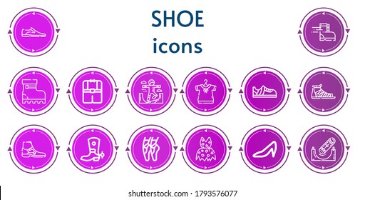 Editable 14 shoe icons for web and mobile. Set of shoe included icons line Shoes, Shoe, Boots, Clothes, Skateboard, Clothing, Sneakers, Sandals, Boot, Ballet, Heels