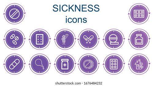 Editable 14 sickness icons for web and mobile. Set of sickness included icons line Pill, Pills, Drugs, Cardiologist, Drug, Enema, Painkiller