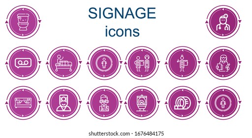 Editable 14 signage icons for web and mobile. Set of signage included icons line Wc, Doctor, Recording, Gurney, Restroom, Coffee machine, Tomography