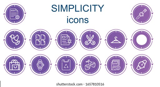 Editable 14 simplicity icons for web and mobile. Set of simplicity included icons line File, Watch, Dove, Cut, Clothing hanger, Swimming pool, Shopping bag, Paper bag, Strawberry