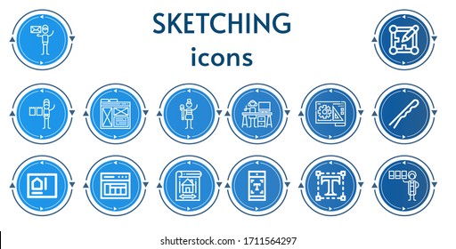 Editable 14 iconos de esbozo para web y móvil. Conjunto de bocetos incluidos los iconos línea Diseño gráfico, Diseño, Diseño, Diseño, Plano, Pistola, Tipografía