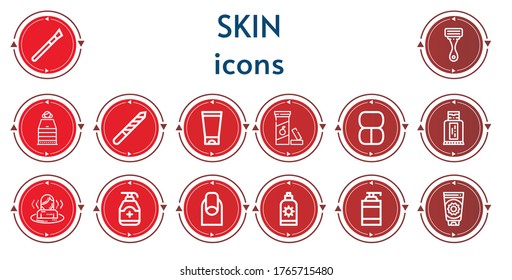 Bearbeitbar 14 Skin-Icons für Web und Mobile. Set mit den Inkonicons Linie Make-up, Razor, Sauna, Nagelfeile, Gel, Vitamin C, Sunblock, Nägel, Sonnencreme, Shampoo
