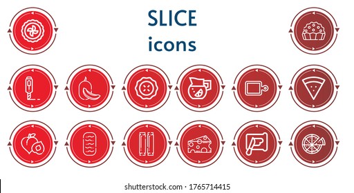 Editable 14 slice icons for web and mobile. Set of slice included icons line Pie, Cutter, Melon, Lemonade, Cutting board, Pizza, Peach, Baguettes, Sausage, Cheese, Spreading