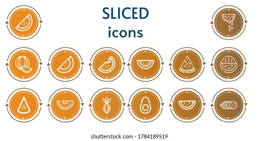 Editable 14 sliced icons for web and mobile. Set of sliced included icons line Watermelon, Onion, Avocado, Salami