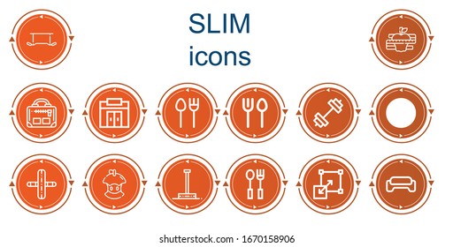 Editable 14 slim icons for web and mobile. Set of slim included icons line Exercise, Diet, Gym, Cutlery, Bitten apple, Pole dance, Stretching