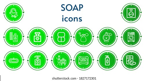 Bearbeitbar 14 Seifensymbole für Web und Mobile. SeifenSet inklusive Ikonen Linie Haushaltshilfe, Waschmaschine, Parfüm, Make-up, Bad, Antiseptik, Housekeeping, Seife, Gel