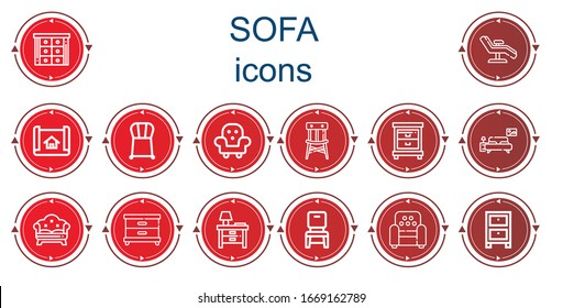 Editable 14 sofa icons for web and mobile. Set of sofa included icons line Cabinet, Chair, House plan, Furniture, Nightstand, Bedroom, Sofa, Armchair