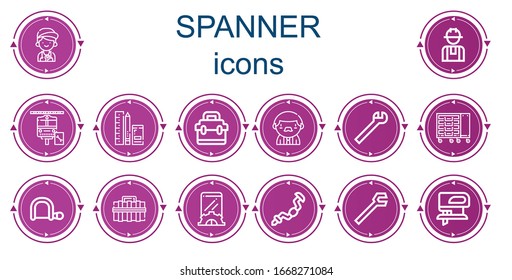 Editable 14 spanner icons for web and mobile. Set of spanner included icons line Mechanic, Worker, Maintenance, Tools, Toolbox, Wrench, Tool box, Hacksaw, Setup, Ratchet, Fretsaw