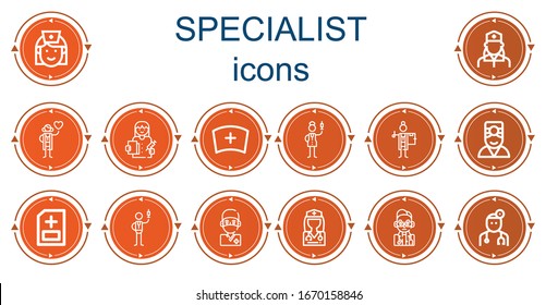Editable 14 specialist icons for web and mobile. Set of specialist included icons line Nurse, Cardiologist, Doctor, Medical report, Surgeon