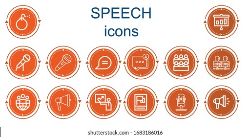 Editable 14 speech icons for web and mobile. Set of speech included icons line Bomb, Presentation, Microphone, Chat, Comment, Classroom, Communication, Leader, Megaphone, Propaganda