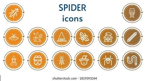 Editable 14 spider icons for web and mobile. Set of spider included icons line Grasshopper, Insect, Moth, Witch, Dracula, Centipede, Frankenstein, Spider, Worm
